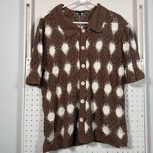Morse Code Crochet Shirt Men's Small Brown Knit Collared Short Sleeve Classic‎